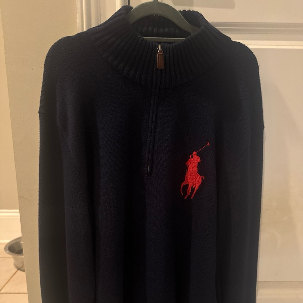 Ralph Lauren Blue Zip Up Sweater with Red Accents